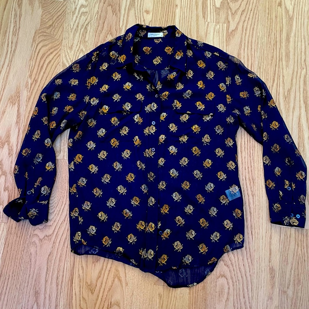 Equipment navy sheer shirt with gold Medium